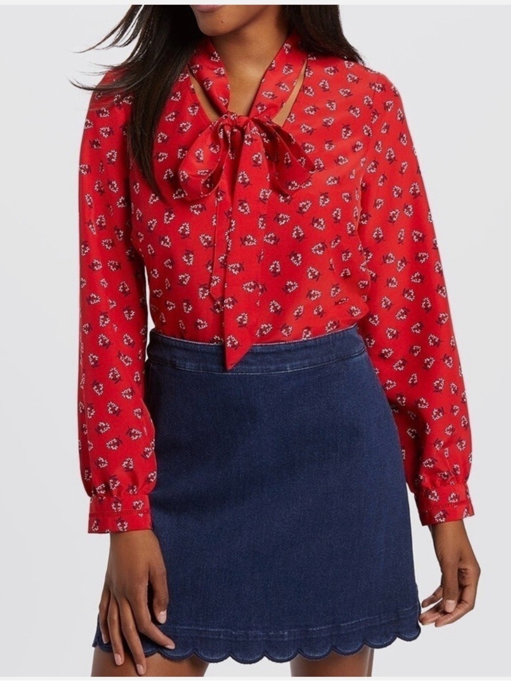 Draper James Red Floral Tie Neck Blouse Long Sleeve Size XXL